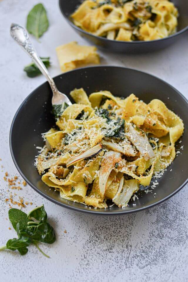 Silverbeet pappardelle with roasted stalks and a lemon & herb crumb