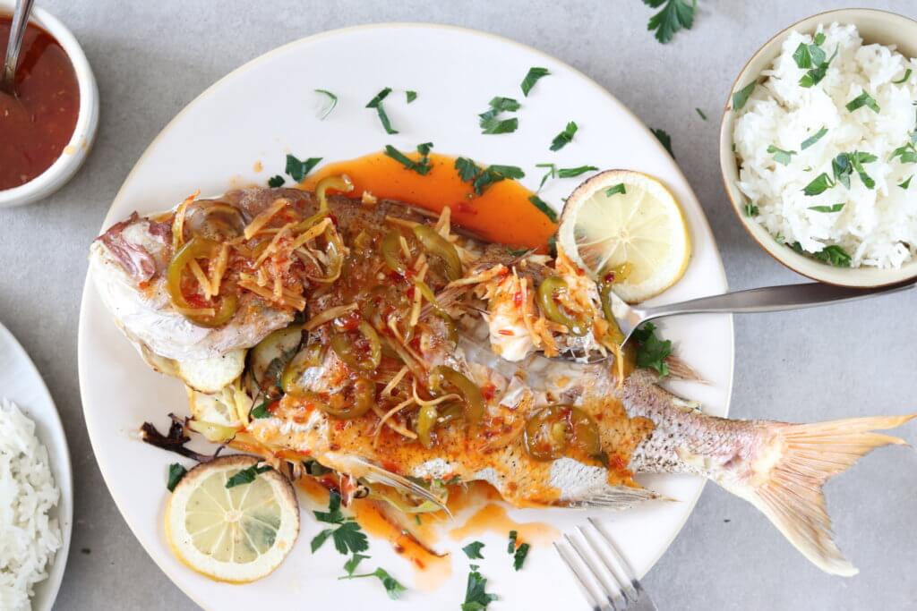 Roasted Whole Fish with Escabeche style sauce
