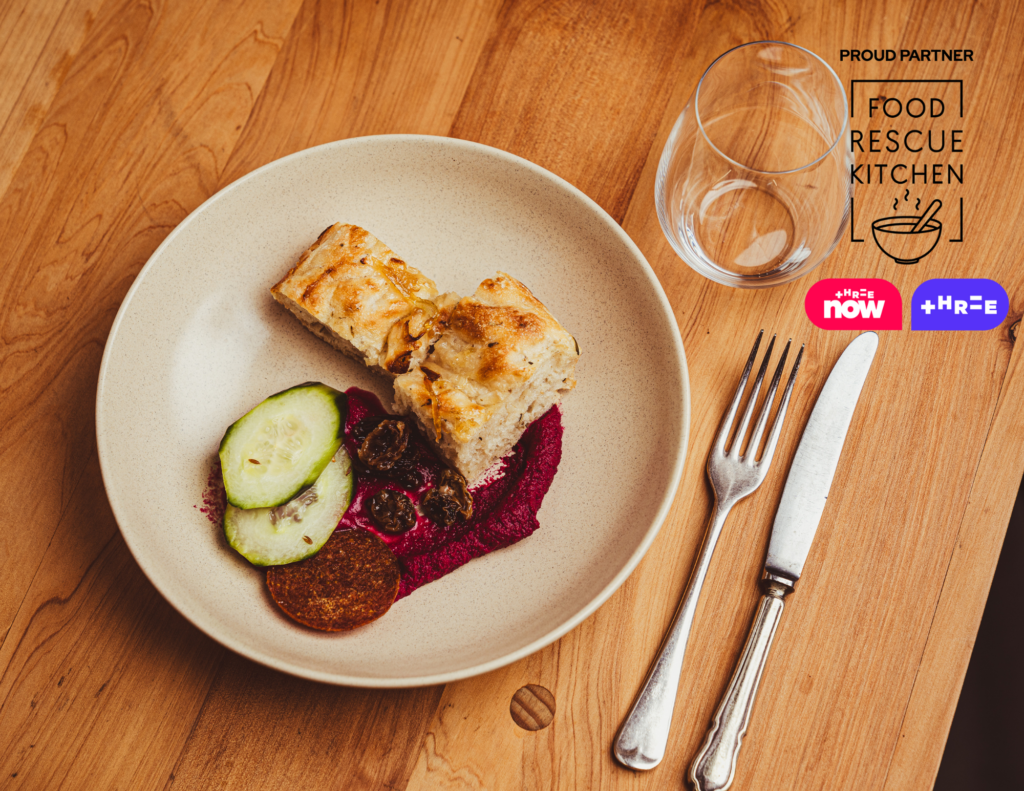 Roasted beetroot & lentil hummus with white onion jam foccacia