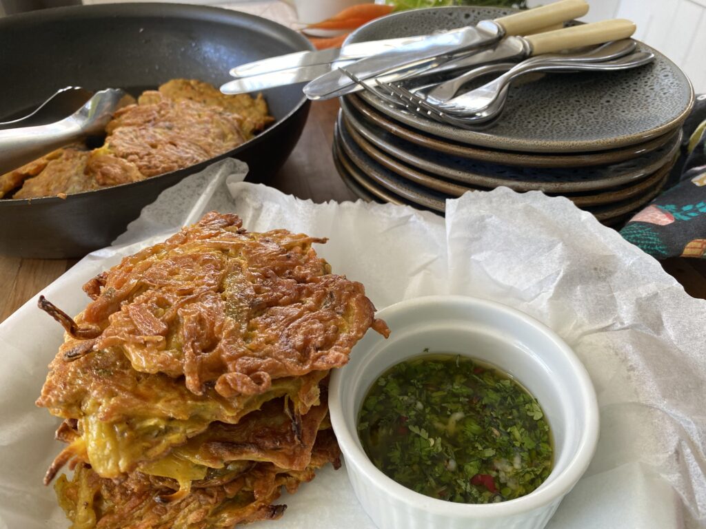 Carrot and Onion Bhajis with Carrot Top Chutney