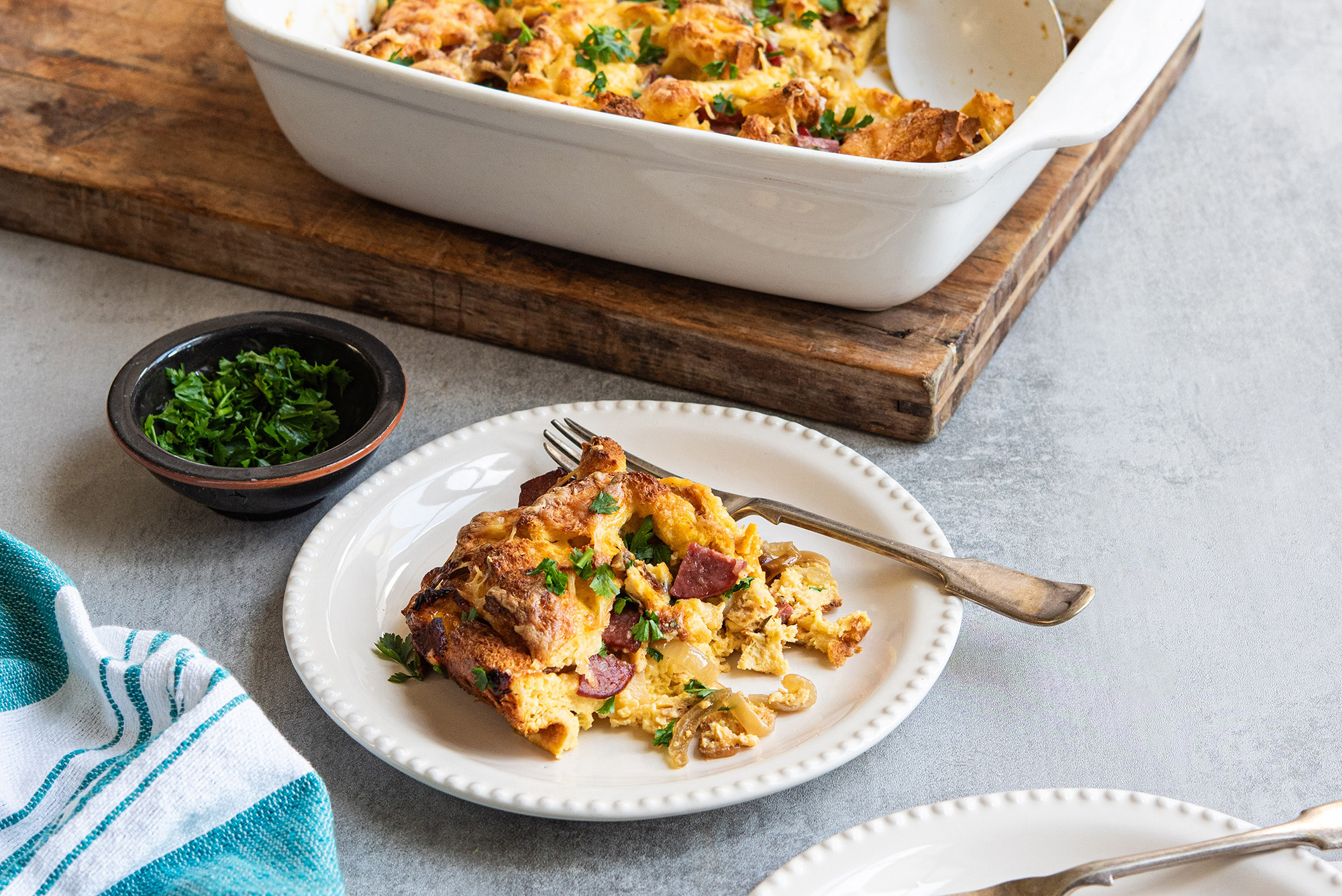 Salami, Cheese, and Onion Strata