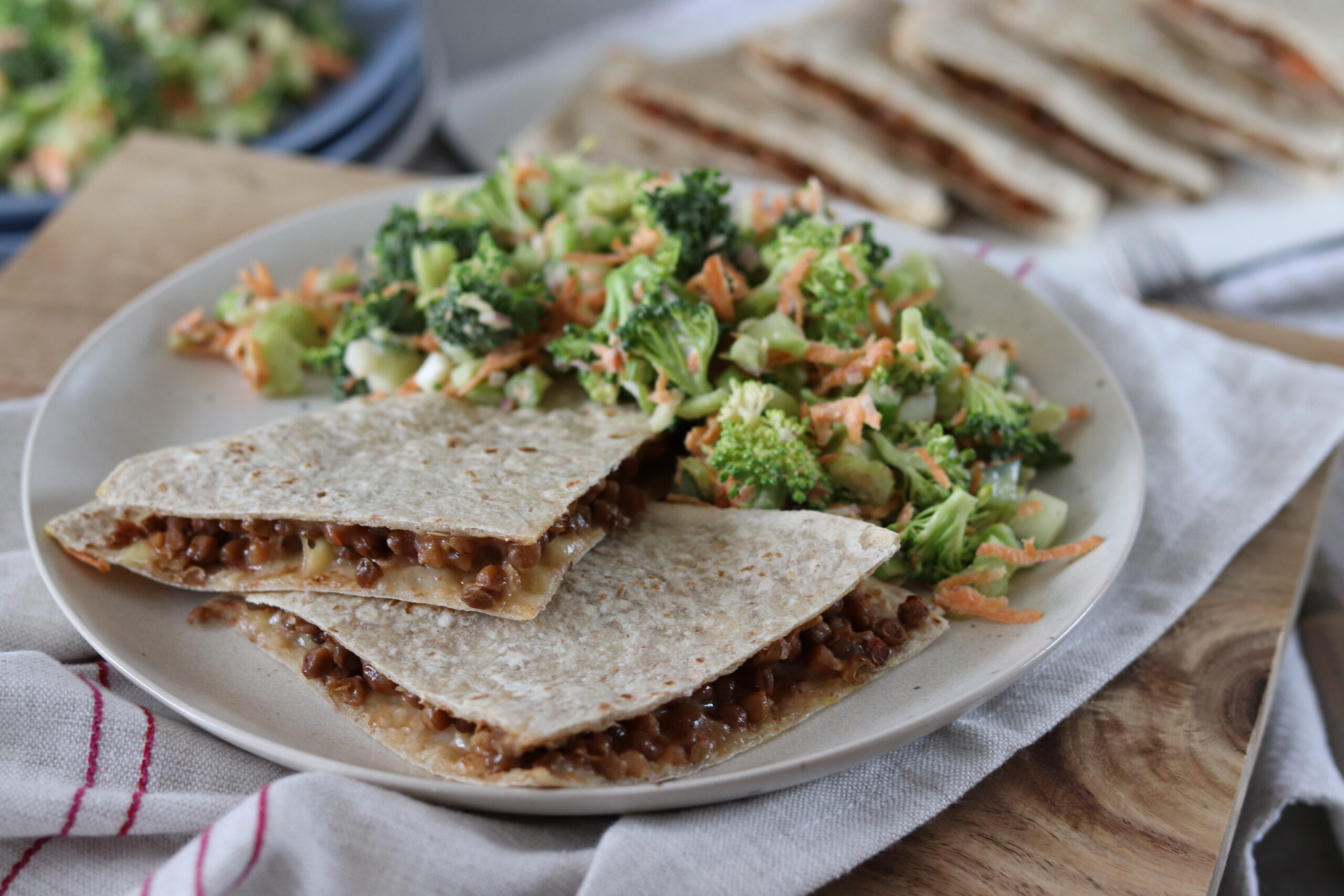 Cheesy Quesadillas with Broccoli Salad